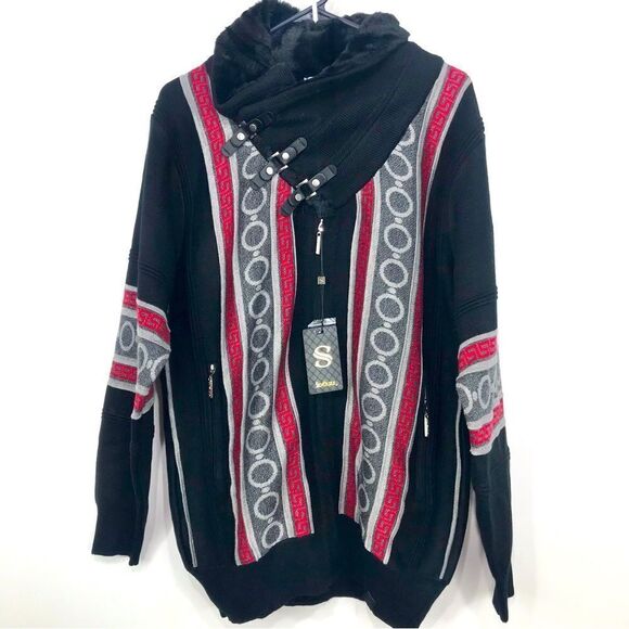 Silversilk Italian Connection Black Geometric Buckle Fur Knit Pullover  NEW - Picture 4 of 16